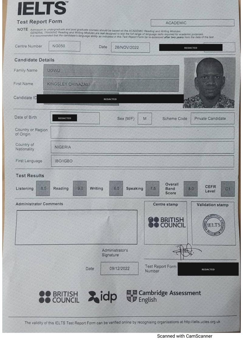 IELTS Test Report Form, Nov 2022, Overall Band 8