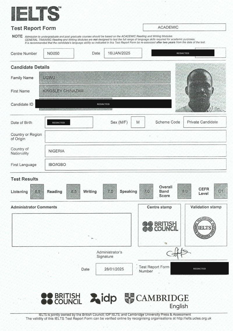 IELTS Test Report Form, Jan 2025, Overall Band 8