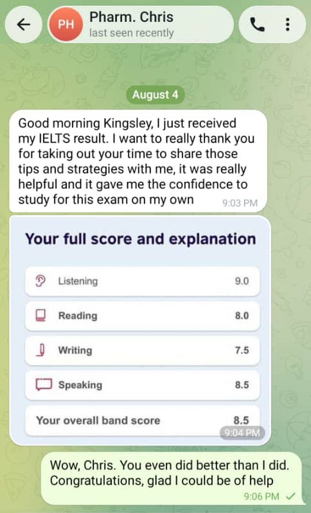 Telegram message from Chris sharing an IELTS overall band score of 8.5