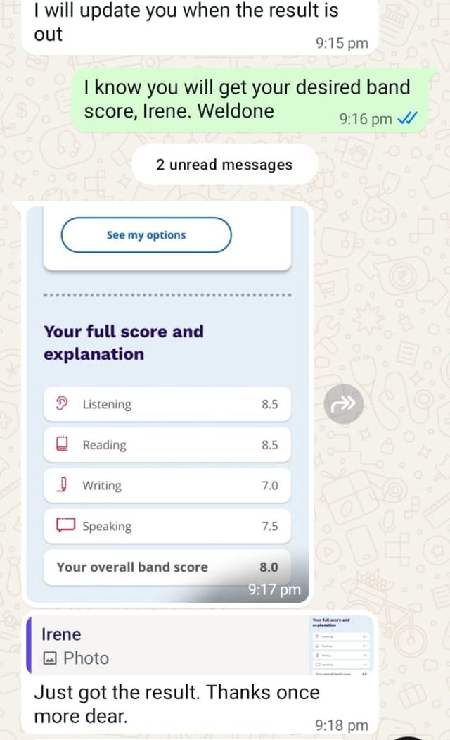 WhatsApp message from Irene sharing an IELTS overall band score of 8.0