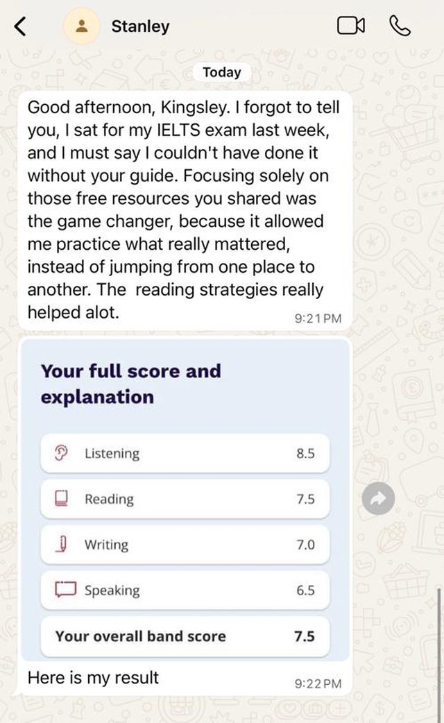 WhatsApp message from Stanley sharing an IELTS overall band score of 7.5